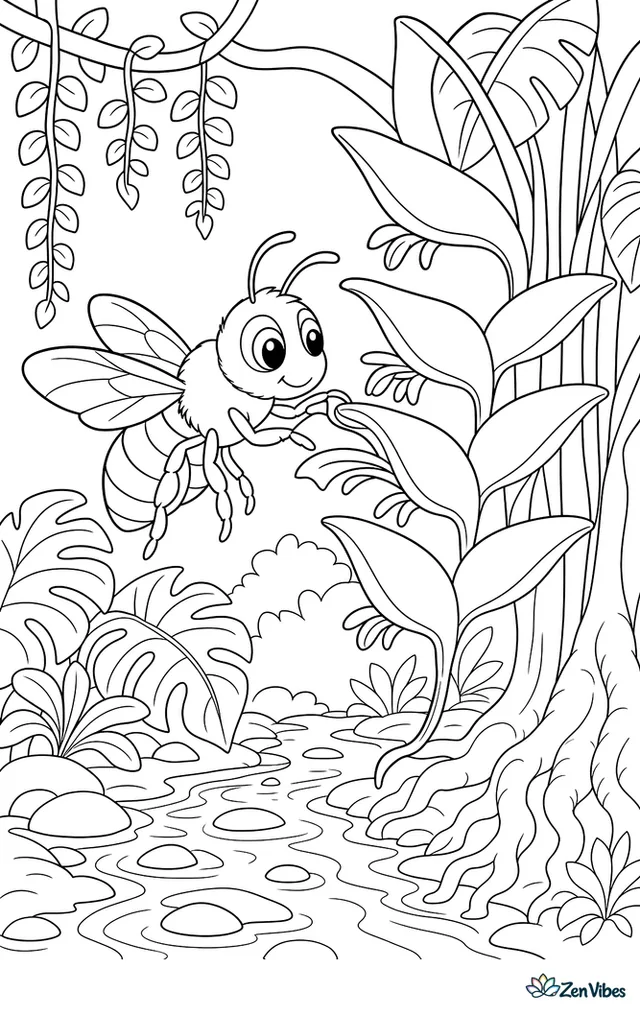 A green orchid bee explores heliconia flowers, with tropical leaves, hanging vines, tree roots, and a shallow stream winding through the rainforest floor.