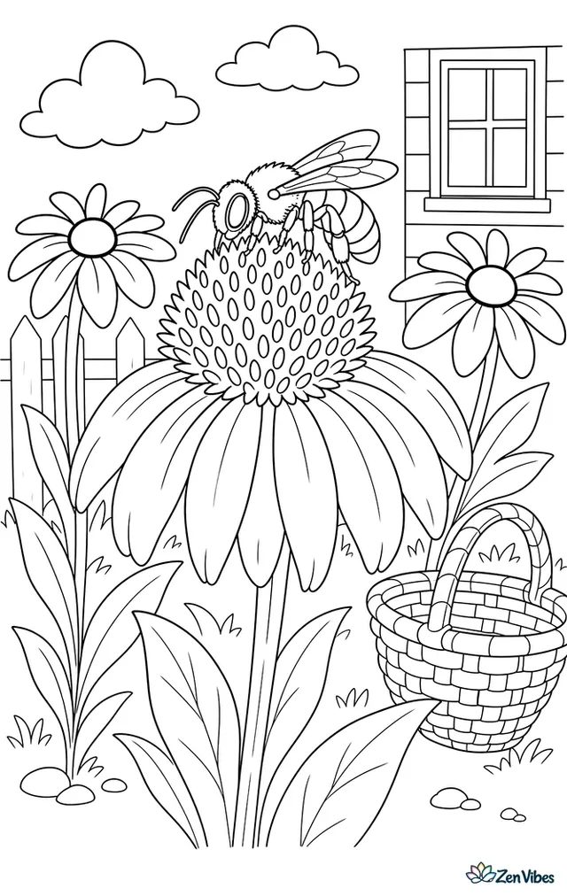 A metallic green sweat bee climbs over a purple coneflower center, with layered petals, seed heads, nearby black-eyed Susans, and a woven basket in the garden.