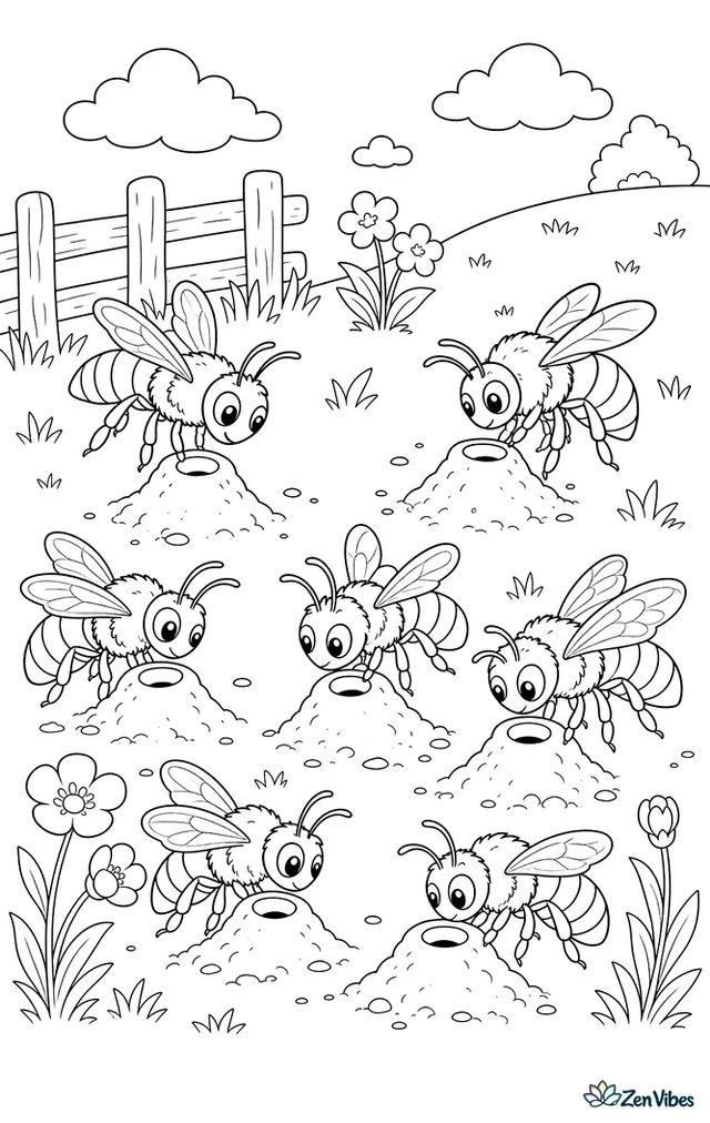 Several tawny mining bees gather around separate sandy nest holes, with tiny volcano-shaped mounds, sparse grass, buttercups, and a gentle slope behind them.
