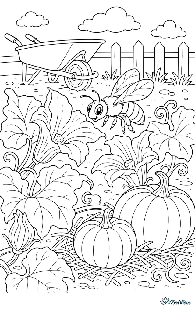 A squash bee flies between pumpkin blossoms in a vegetable patch, with broad leaves, curling tendrils, a wheelbarrow, and striped pumpkins resting on straw.