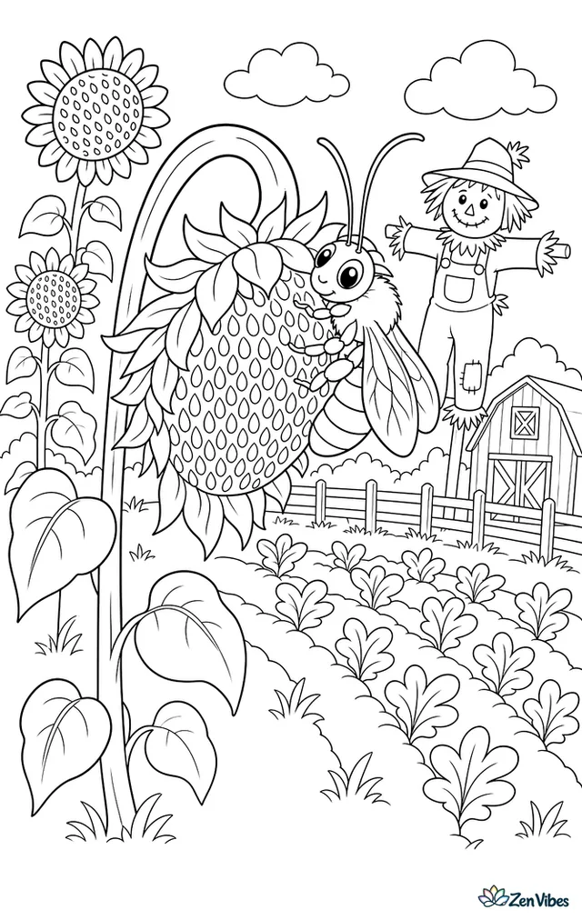 A long-horned sunflower bee clings to a drooping sunflower disk, with tall stems, seed-heavy heads, a scarecrow, and garden rows stretching toward a barn.