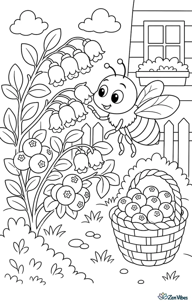 A southeastern blueberry bee visits bell-shaped blueberry flowers, with clusters of berries, leafy branches, a woven berry basket, and low shrubs nearby.
