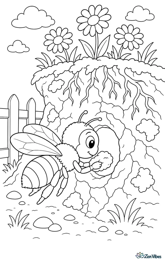 A yellow-faced plasterer bee enters a nest hole in a clay embankment, with cracked earth textures, moss patches, overhanging roots, and daisies above the bank.