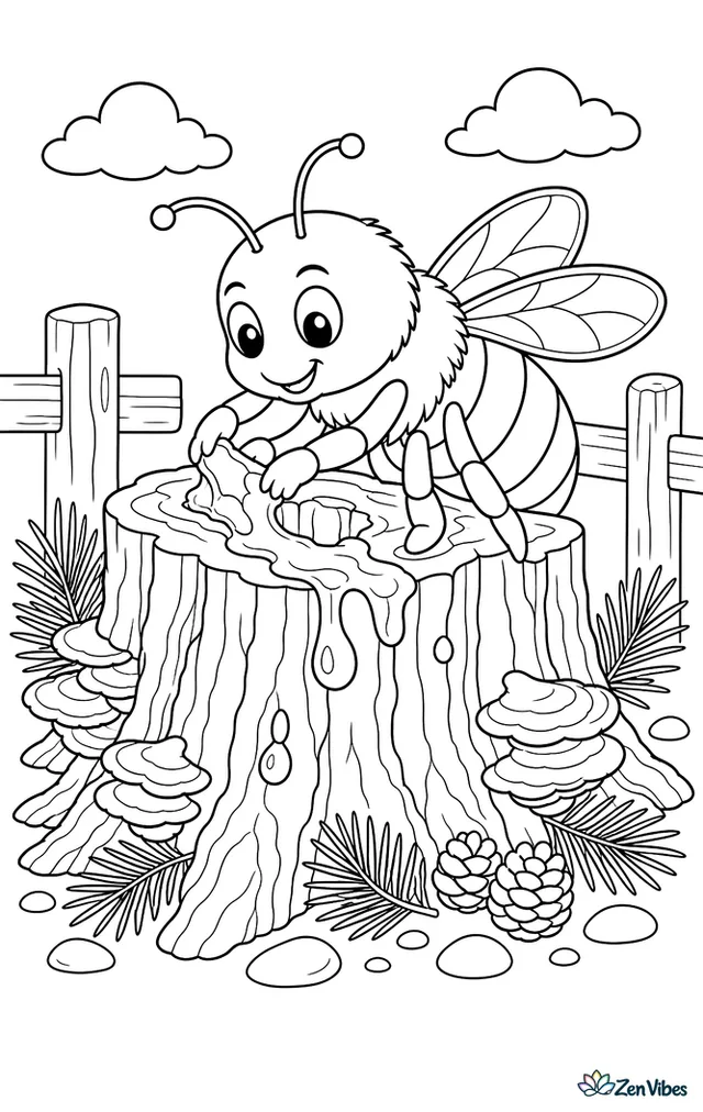 A giant resin bee seals a cavity in a weathered stump, with glossy resin drops, bark ridges, bracket fungi, and pine sprigs scattered around.