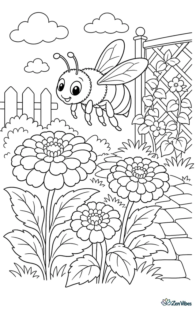 A European wool carder bee patrols around bright zinnia blooms, with layered petals, fuzzy leaves, a brick path, and a trellis in the backyard garden.