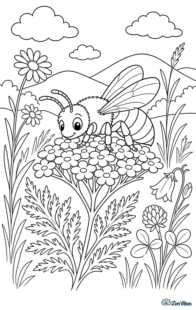 A nomad cuckoo bee rests on yarrow in a wild meadow, with ferny leaves, neighboring blossoms, swaying grasses, and rounded hills under drifting clouds.