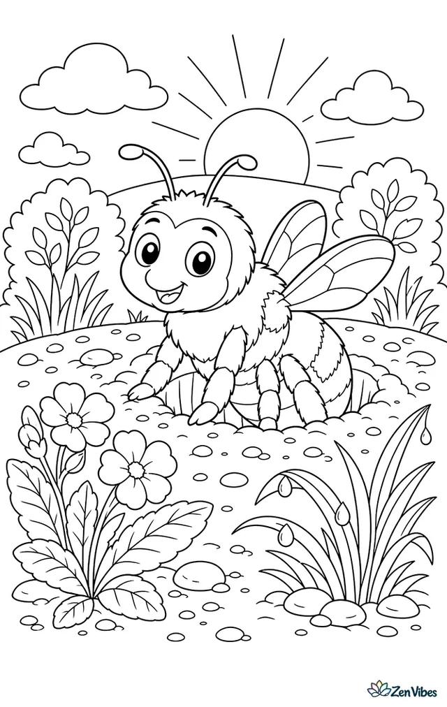 A gray-patched digger bee emerges from a ground nest at sunrise, with dewy grass, open primroses, pebbled soil, and low shrubs along a meadow edge.