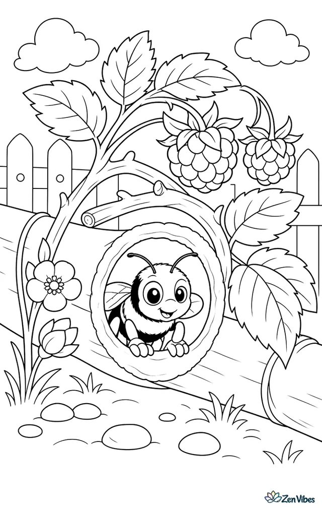 A small carpenter bee peeks from a pithy raspberry cane tunnel, with berry leaves, thornless stems, a twig arch, and tiny blossoms nearby.