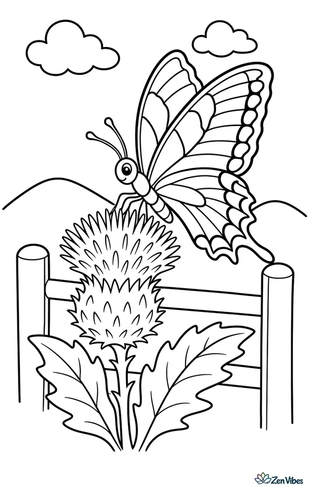 An eastern tiger swallowtail rests on a purple bull thistle beside a simple fence, with broad leaves, two small clouds, and low hills in the background.