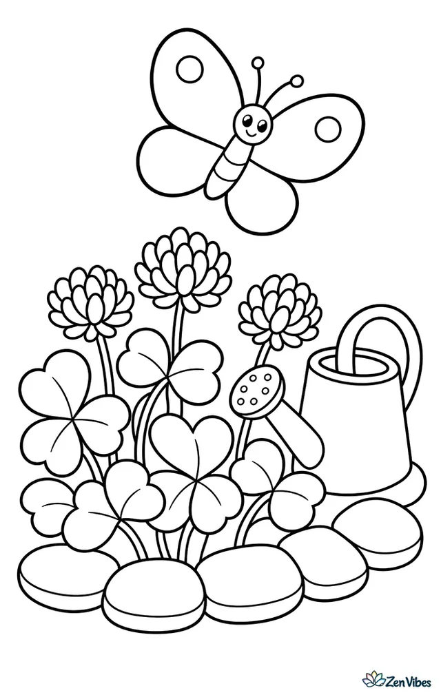 A cabbage white butterfly hovers above white clover blossoms in a backyard lawn, surrounded by rounded clover leaves, a watering can, and a short stepping-stone border.