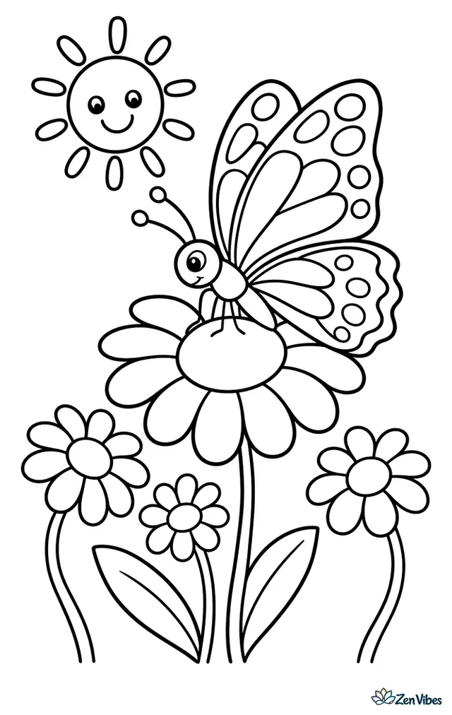 A painted lady butterfly lands on an oxeye daisy in an open field, with three extra daisies, bending stems, and a cheerful sun above.