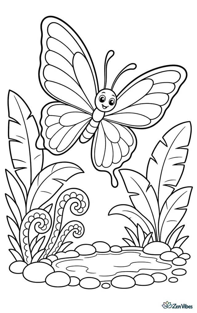 A blue morpho butterfly glides through a tropical garden, passing curled ferns, large banana leaves, and a shallow pond edged with smooth pebbles.