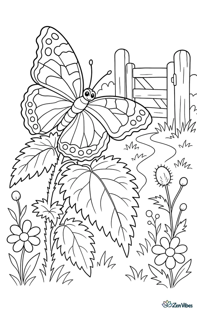 A red admiral butterfly perches on stinging nettle leaves near a wooden gate, with small wildflowers, seed heads, and a winding footpath through the grass.