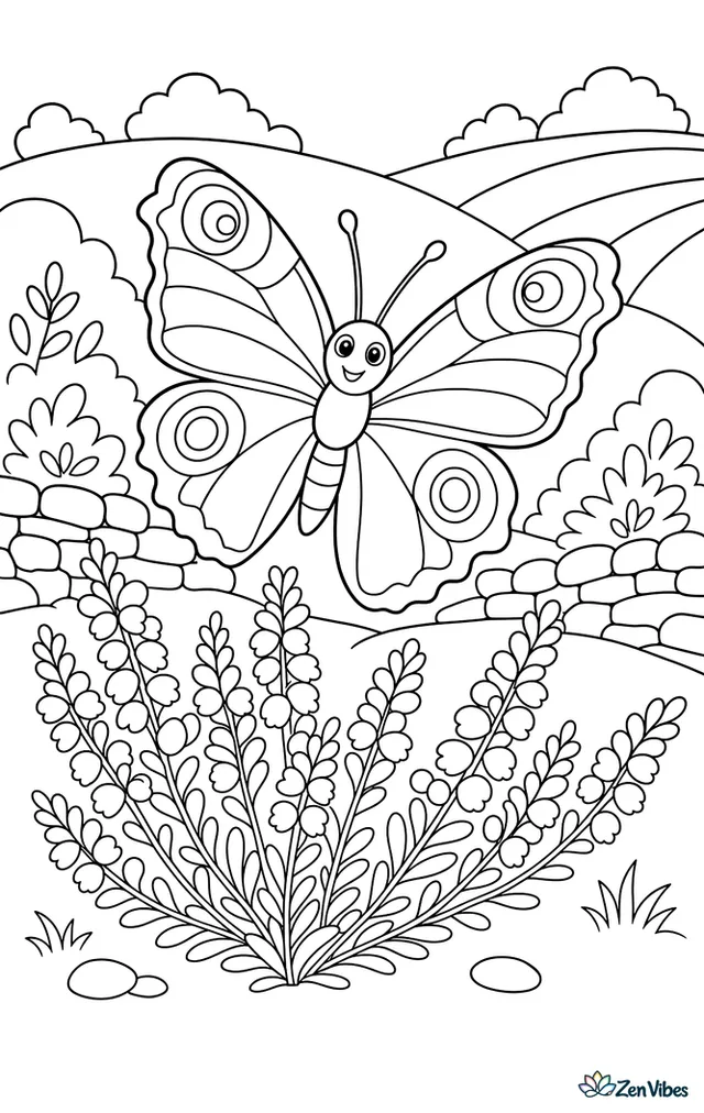 A peacock butterfly opens its wings above pink heather on a gentle hillside, with clustered shrubs, a dry stone wall, and distant rolling fields.