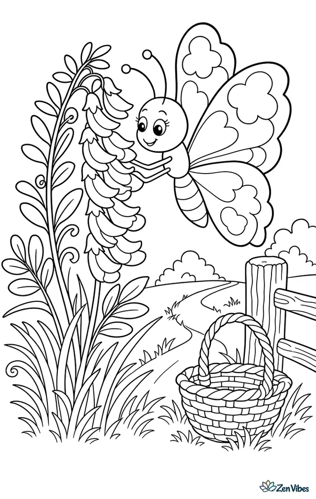 A clouded yellow butterfly visits tufted vetch blossoms beside a country lane, with thin grasses, a fence post, and a basket set near the roadside.