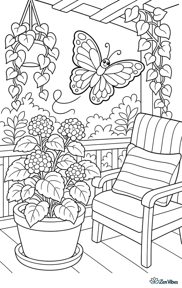 A malachite butterfly circles potted lantana on a shaded veranda, with striped cushions, trailing vines, and a railing overlooking leafy garden beds.