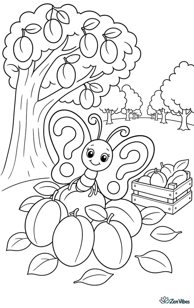 A question mark butterfly rests on fallen ripe plums under an orchard tree, with scattered leaves, a small crate, and neat rows of trunks behind.