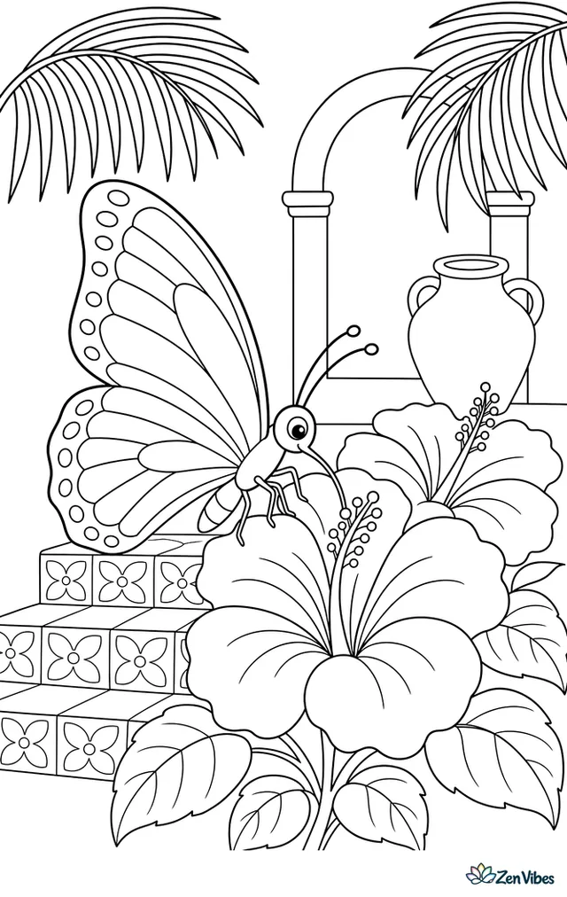 An orange julia butterfly drinks from red hibiscus blooms in a courtyard, with tiled steps, a clay pot, and arching palm fronds framing the scene.