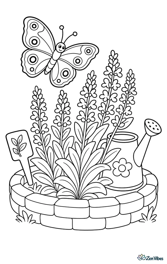A common buckeye butterfly hovers over purple sage in a herb garden, with labeled plant markers, a watering jug, and a low brick border.