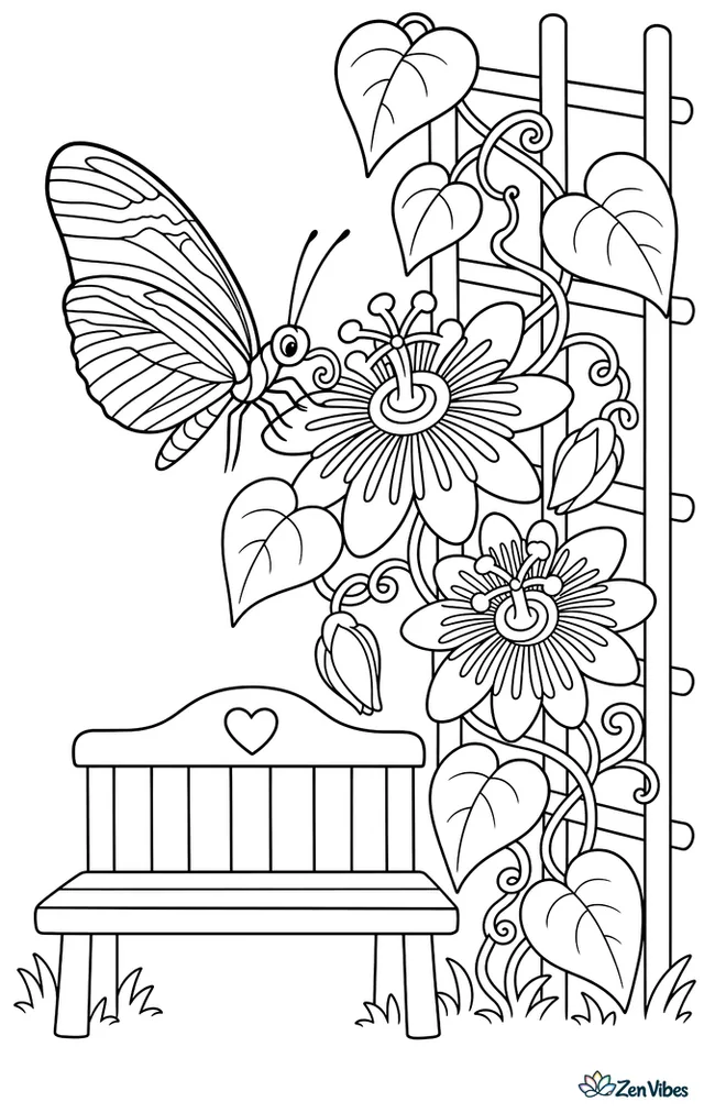 A zebra longwing butterfly feeds from passionflower vines climbing a trellis, with curling tendrils, heart-shaped leaves, and a wooden bench beneath the blossoms.