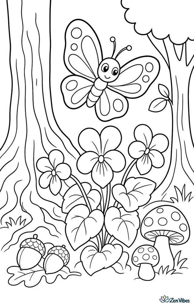 A spring azure butterfly flutters above wild blue violets in a woodland clearing, with tree roots, fallen acorns, mushrooms, and dappled sunlight between trunks.
