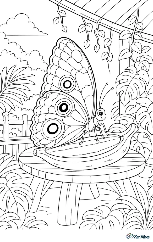 A giant owl butterfly rests on a split banana in a rainforest shelter, with layered leaves, hanging vines, and a small wooden table nearby.