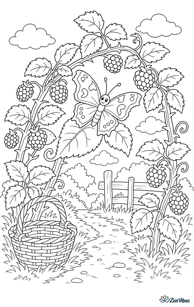 A comma butterfly basks on a bramble arch heavy with blackberries, surrounded by serrated leaves, curling canes, a woven basket, and a narrow dirt track.