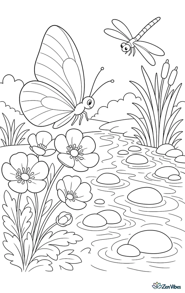 A cloudless sulfur butterfly skims over yellow buttercups beside a creek, with rounded river stones, reeds, ripples, and a dragonfly hovering above the water.