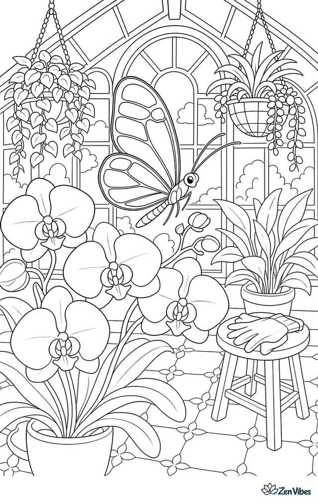 A glasswing butterfly floats among white orchids in a greenhouse, with hanging baskets, misty windows, patterned floor tiles, and a small stool holding garden gloves.