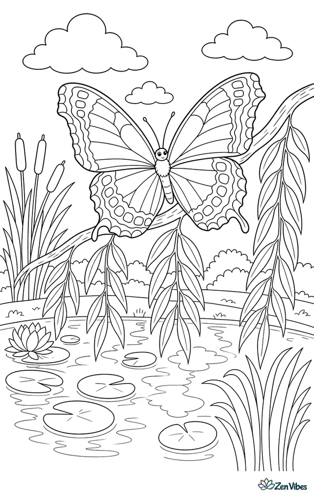 A mourning cloak butterfly settles on a willow branch over a pond, with drooping leaves, lily pads, cattails, and reflections of clouds on the water.