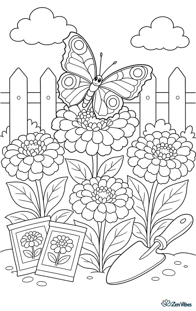 A scarlet peacock butterfly visits bright zinnias in a cutting garden, with layered petals, seed packets, a trowel, and a picket fence behind the flower beds.