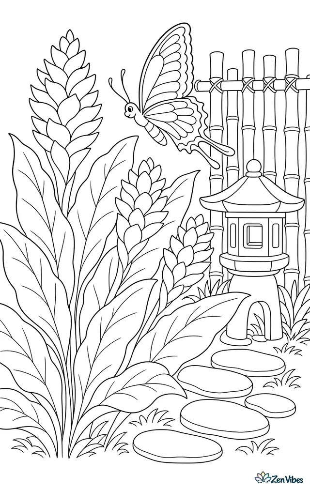 A tailed jay butterfly darts around blooming ginger plants near a garden lantern, with broad tropical leaves, stepping stones, and a bamboo screen.