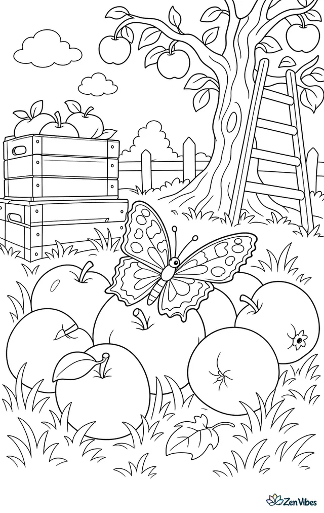 A small tortoiseshell butterfly lands on windfallen apples in an orchard, with blades of grass, stacked crates, twisted branches, and a ladder leaning on a tree.