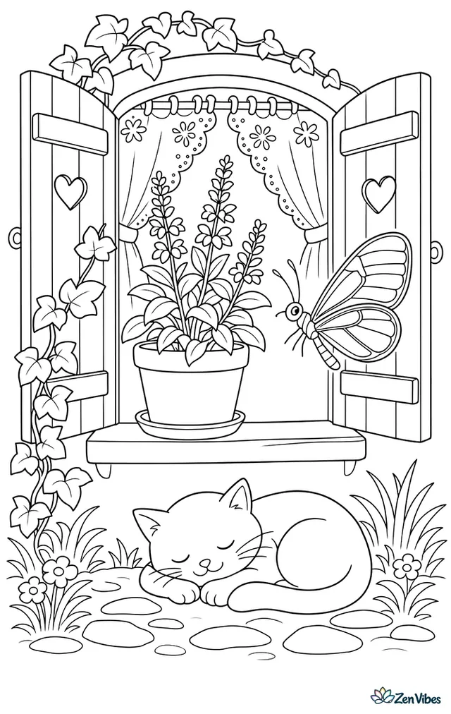 A Greta oto butterfly hovers beside potted blue salvia on a cottage windowsill, with open shutters, lace curtains, climbing ivy, and a cat sleeping below.