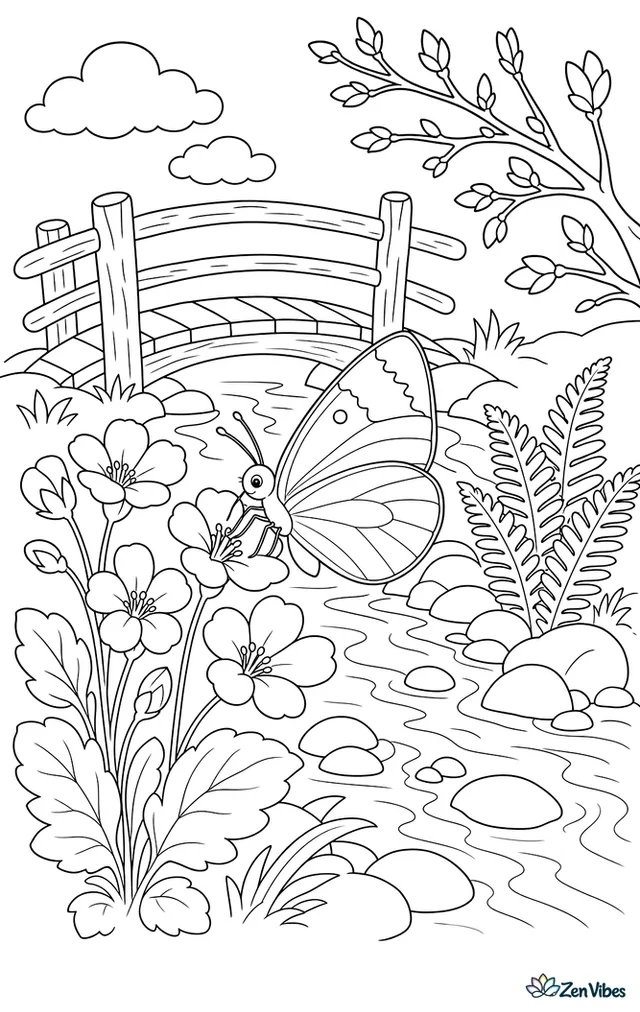 An orange tip butterfly visits cuckooflower along a spring stream, with smooth rocks, fern fronds, budding branches, and a rustic footbridge crossing the water.