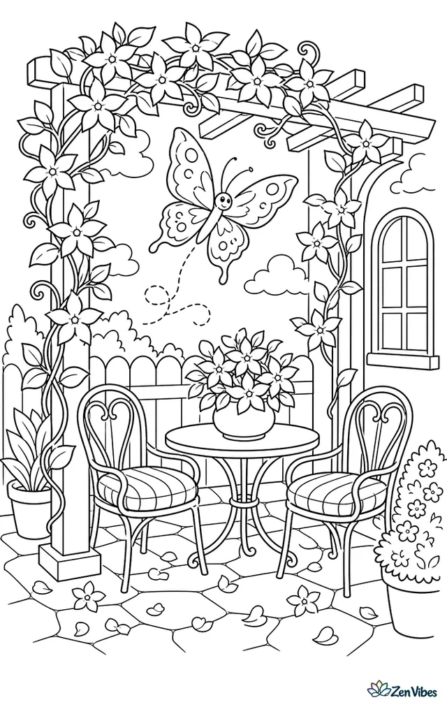 A common jay butterfly circles star jasmine on a pergola, with curling vines, a garden table, striped cushions, and scattered petals across the patio stones.
