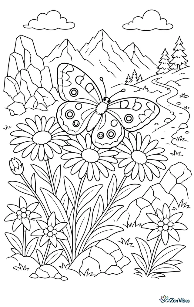 An Apollo butterfly rests on alpine asters high in a mountain meadow, with jagged rocks, tiny edelweiss, distant peaks, and a winding hiking trail.