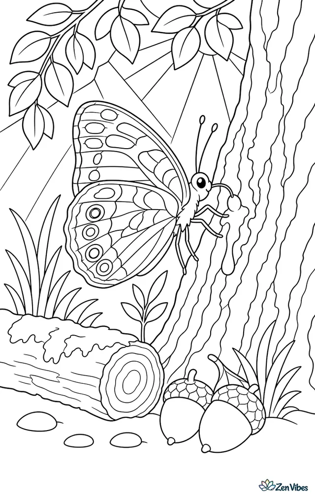 A hackberry emperor butterfly drinks tree sap on rough bark, with acorns below, woodland grasses, a mossy log, and sunbeams filtering through leafy branches.
