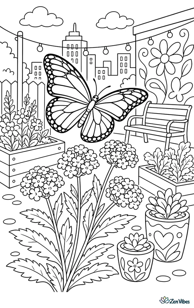 A queen butterfly glides over purple verbena in a city community garden, with raised beds, string lights, painted pots, and a bench beside a mural wall.
