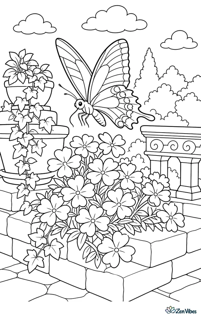 A pipevine swallowtail hovers over creeping phlox on a stone terrace, with stacked planters, trailing ivy, carved railings, and distant treetops beyond the wall.