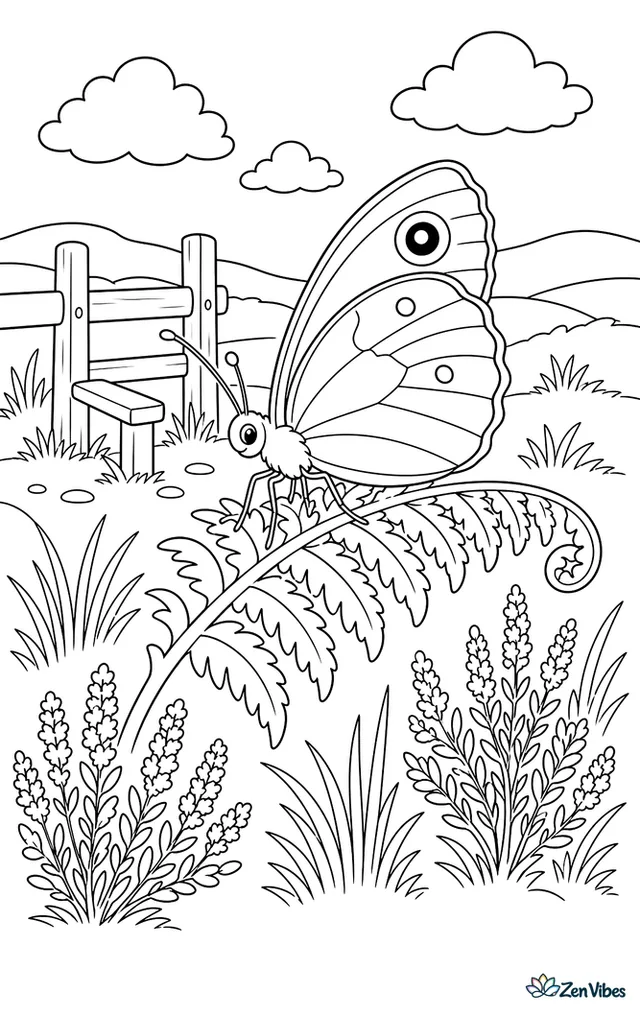 A meadow brown butterfly pauses on a bracken frond at the edge of a moor, with tufts of grass, heather patches, a wooden stile, and drifting clouds.