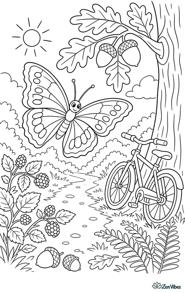 A purple emperor butterfly descends from oak branches to a sunny forest path, with acorn caps, brambles, ferns, and a bicycle resting against a tree.