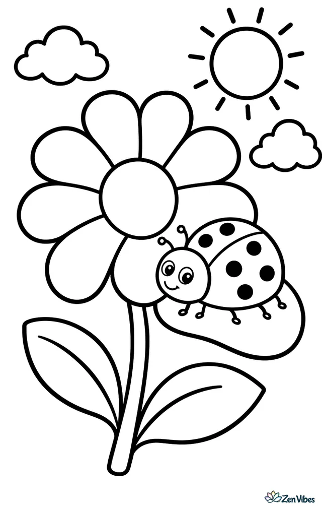 A seven-spot ladybug climbs a large daisy stem and rests on an open petal, with two simple leaves, a round sun, and a few puffy clouds in the background.