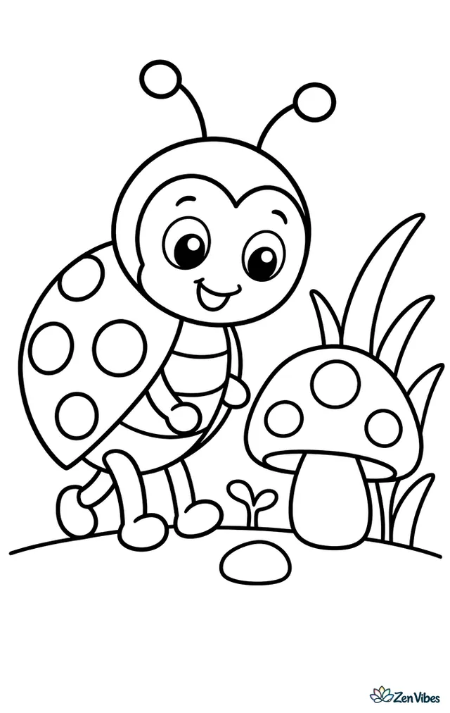 A convergent ladybug walks beside a short garden mushroom, with curved grass blades, one pebble, a tiny sprout, and a clear sky above the simple ground line.