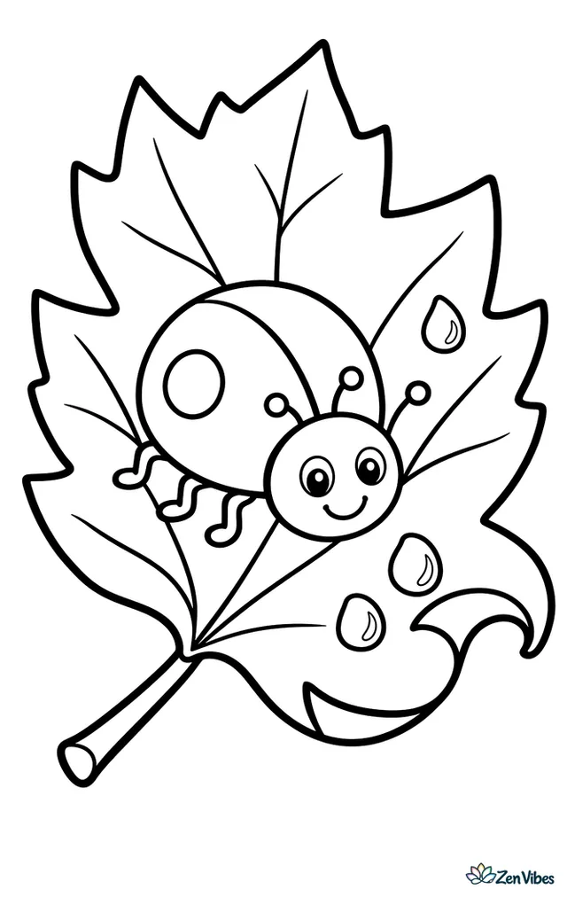 A two-spot ladybug sits on a broad maple leaf, with a curled edge, three dew drops, and a small branch, making a clean and open nature scene.