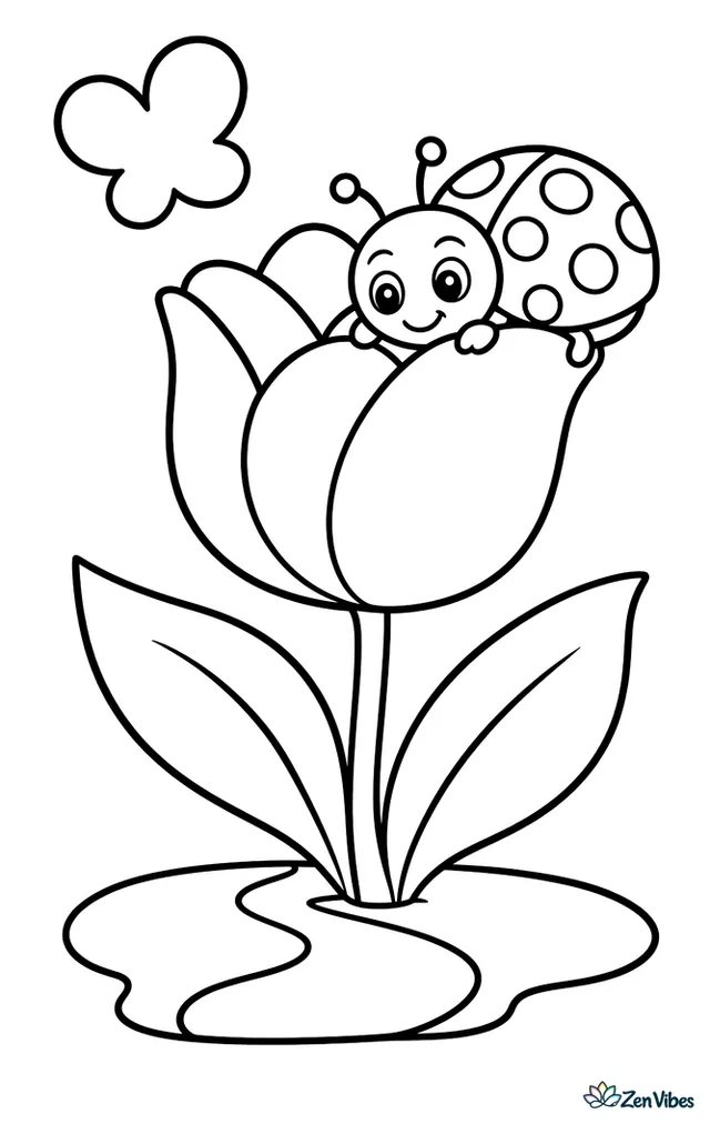 A pink-spotted ladybug explores a single tulip bloom, with one long stem, two wide leaves, a small butterfly-shaped cloud, and a smooth garden path below.