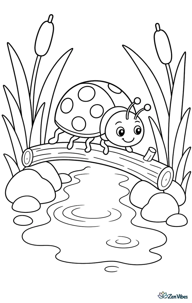 An Asian lady beetle crosses a small twig bridge over a narrow puddle, surrounded by cattail leaves, smooth stones, and gentle ripples in a quiet garden corner.