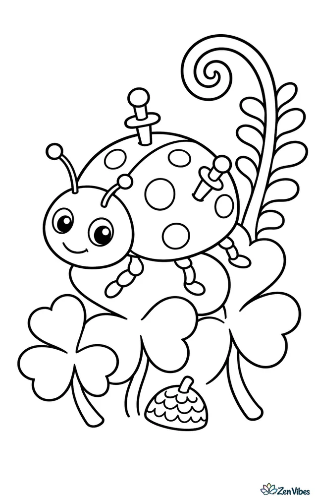 A twice-stabbed lady beetle crawls across a clover patch, with three shamrock leaves, a ladybug-sized acorn cap, and a curled fern frond nearby.