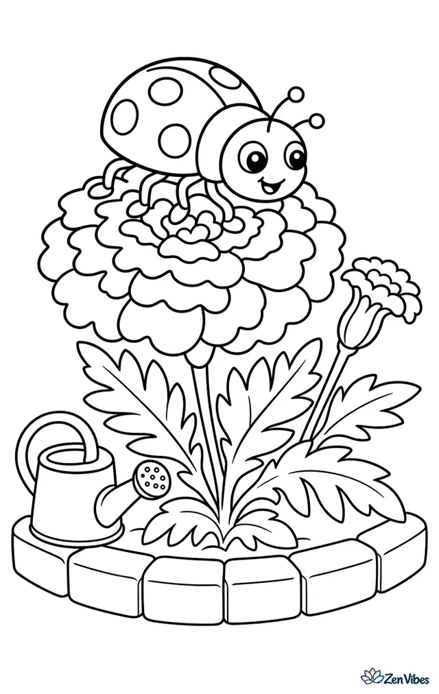 A cardinal lady beetle explores a marigold bed, stepping over layered petals, low leaves, and a little watering can set beside a brick garden border.