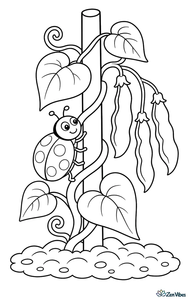 An eye-spotted lady beetle climbs a bean vine wrapped around a stake, with hanging pods, heart-shaped leaves, and a small patch of tilled soil below.